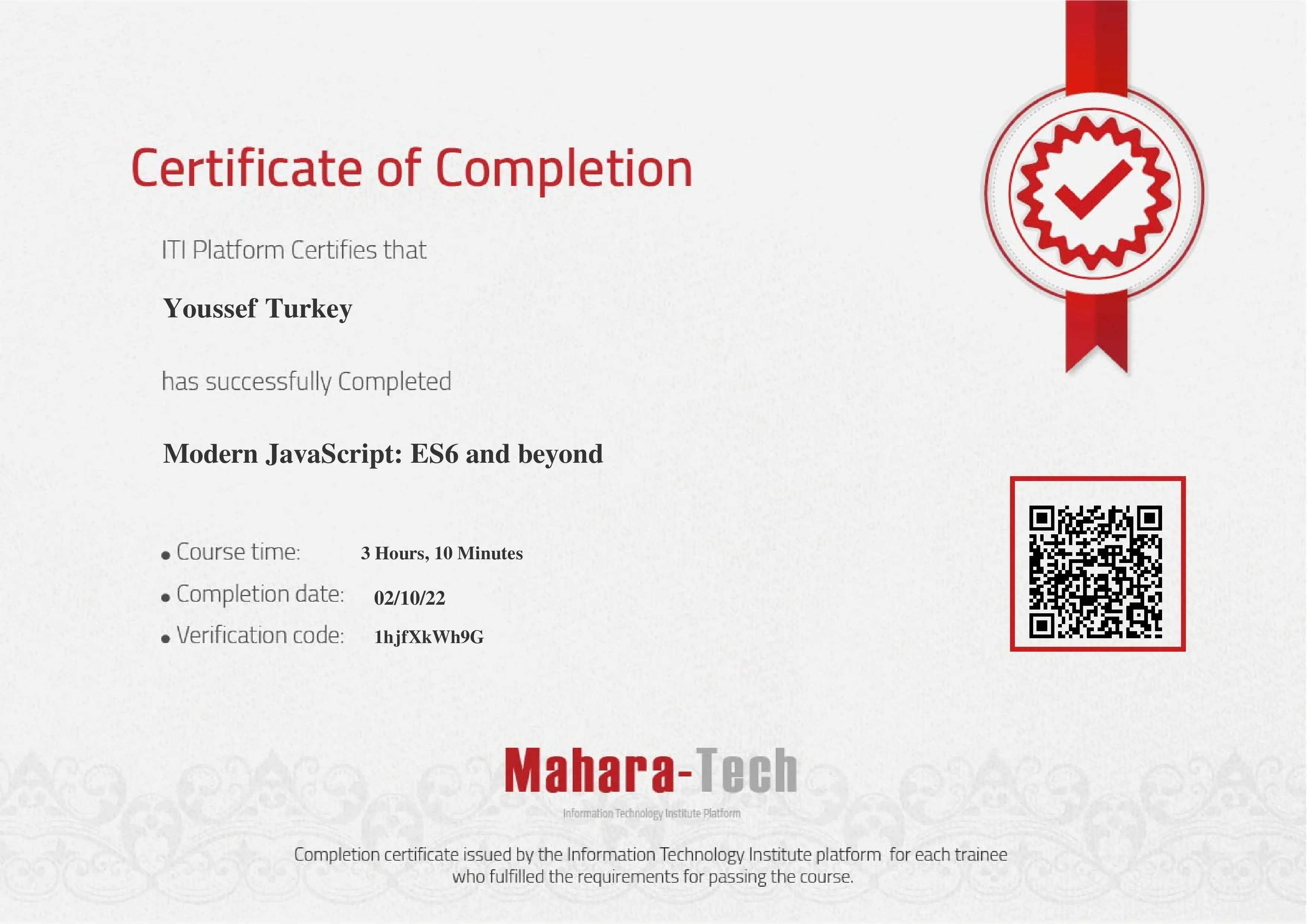 Modern JavaScript ES6 and beyond Certificate